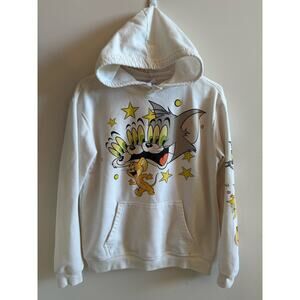 Tom and Jerry White Hoodie Size Large Cotton Polyester Cartoon Graphics Pocket